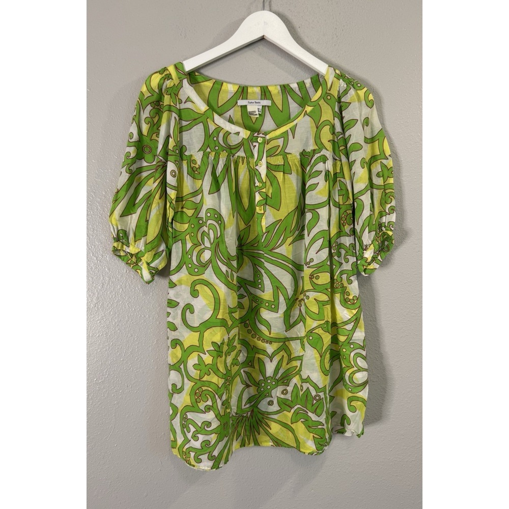 Zara Cotton Silk Boho Tunic Blouse Green Floral Peasant Top Size Small